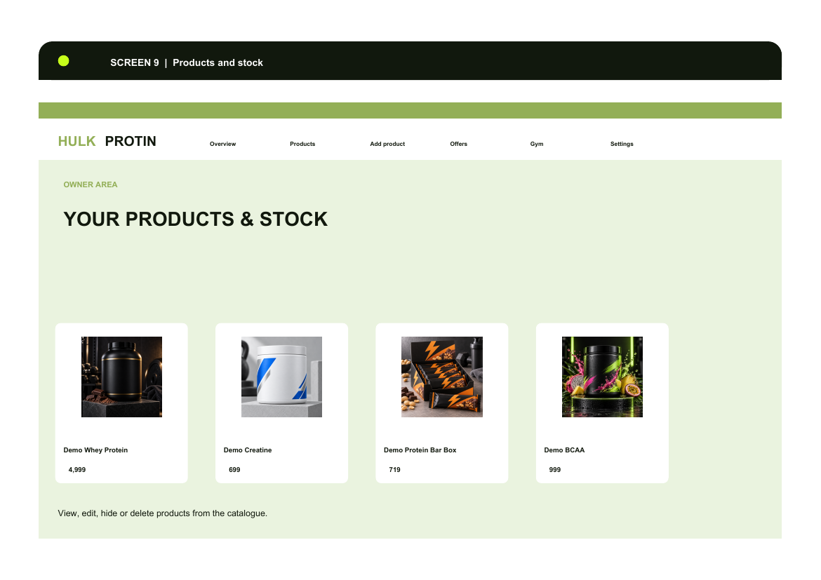 Hulk Protin owner area with product and stock controls