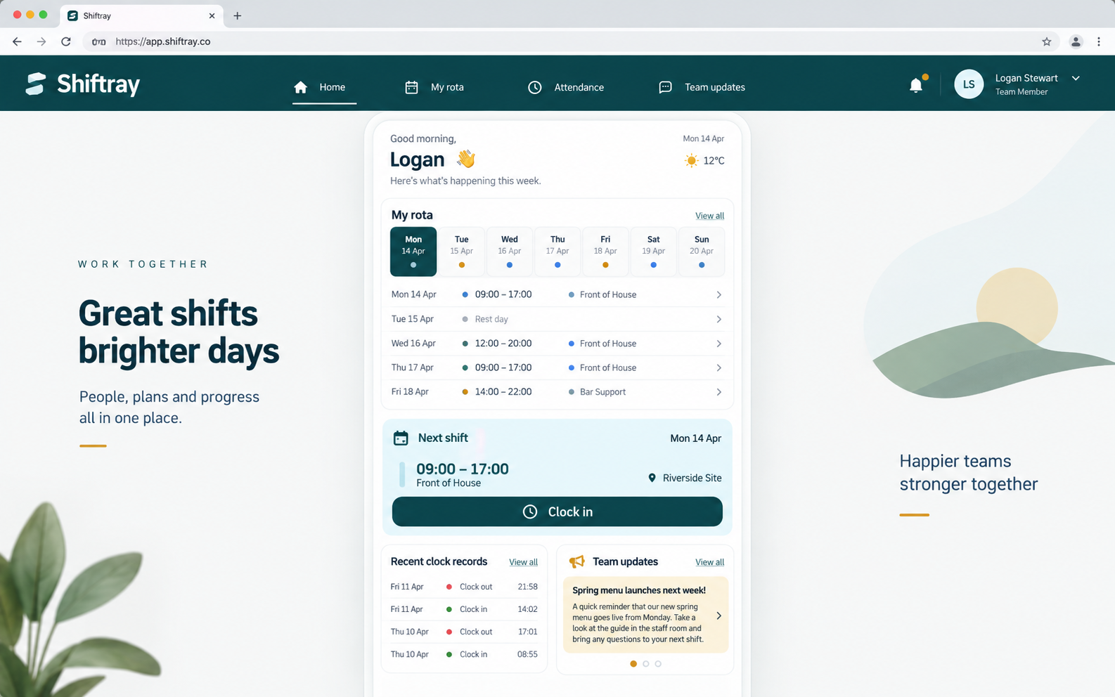 Illustrative Shiftray employee workspace with rota, updates, and clock records