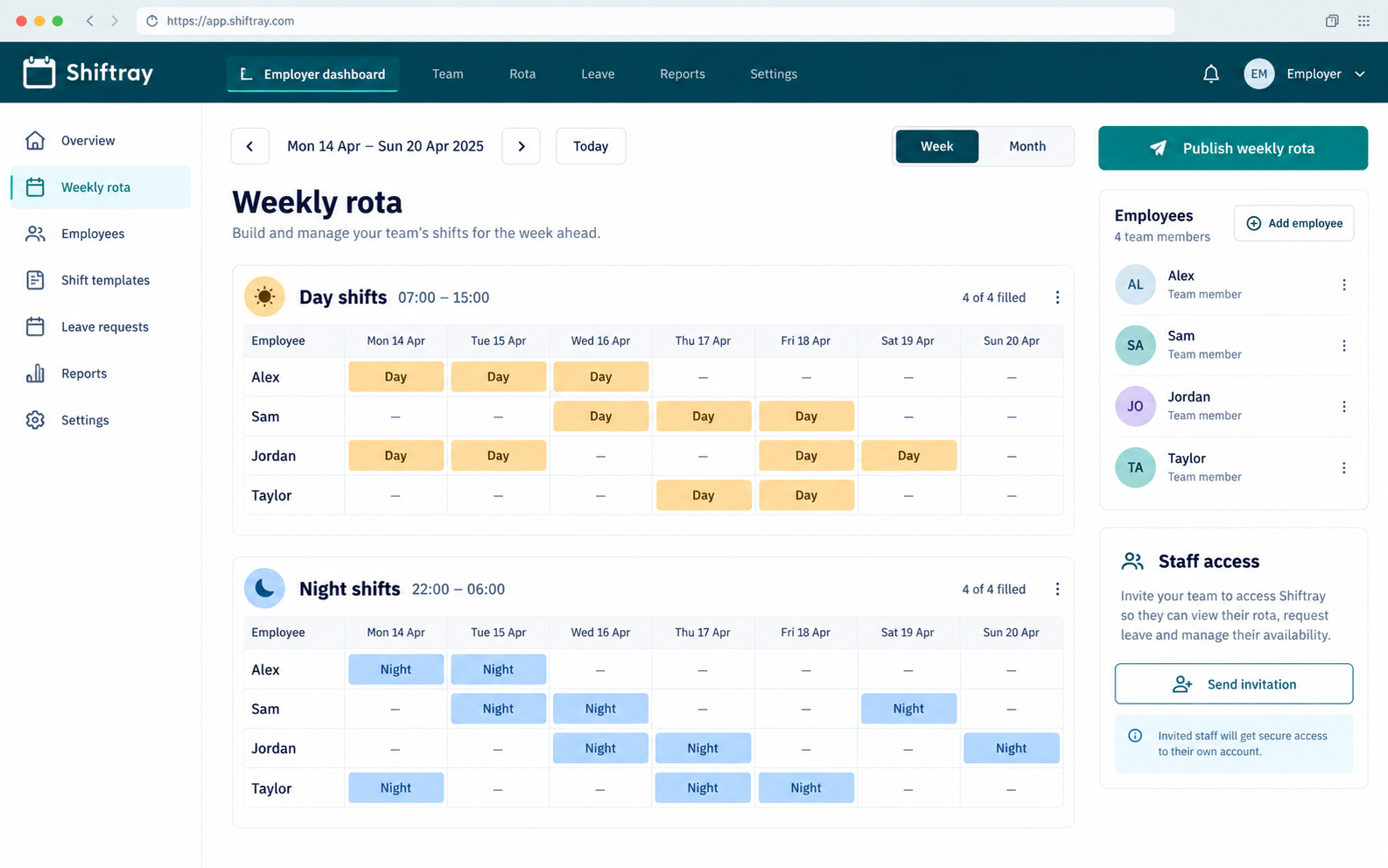 Illustrative Shiftray employer workspace with rota planning and staff access
